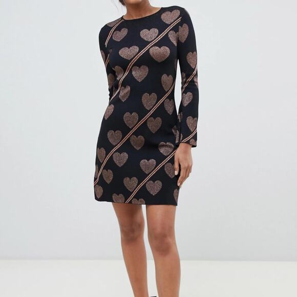 Ted Baker Uzeniaa Glitter Heart Knit Swing Dress Black Rose Gold Metallic 0  - hulwithkids.com